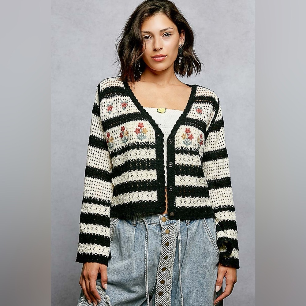 NEW POL Crochet Striped Cardigan Floral Embroidered Button Front Boho Top OS